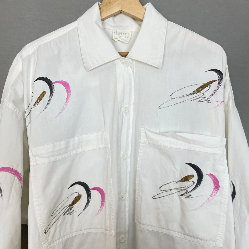 Vintage Artsy Shirt‎ Paint Splash Design Artist Bold Funky Women White Eclectic - Picture 3 of 16